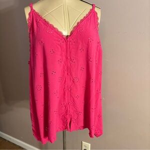 Torrid 6 (6X) Sleeveless Tank Blouse Hot Pink Eyelet Lace Trim Adj Straps Button